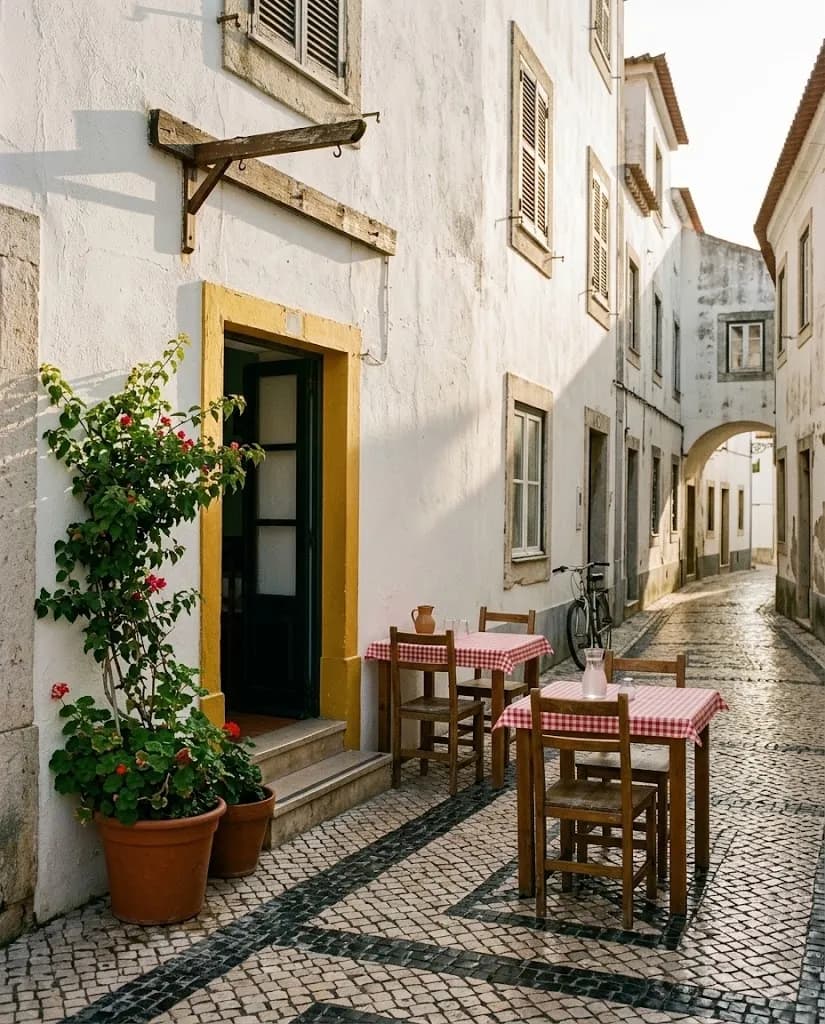 A pequena porta de uma tasca numa rua calma de Cascais, com mesas cá fora