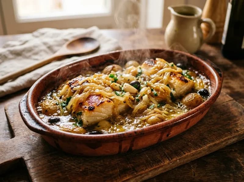 Bacalhau com cebolada a borbulhar num prato de barro