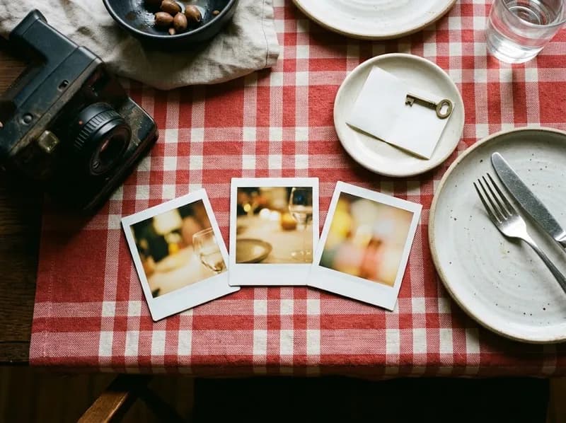 Fotografias instantâneas a secar na mesa ao lado da conta