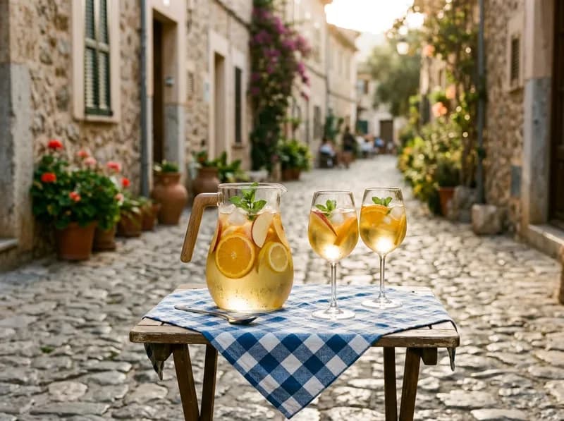 Um jarro de sangria de vinho branco com fruta