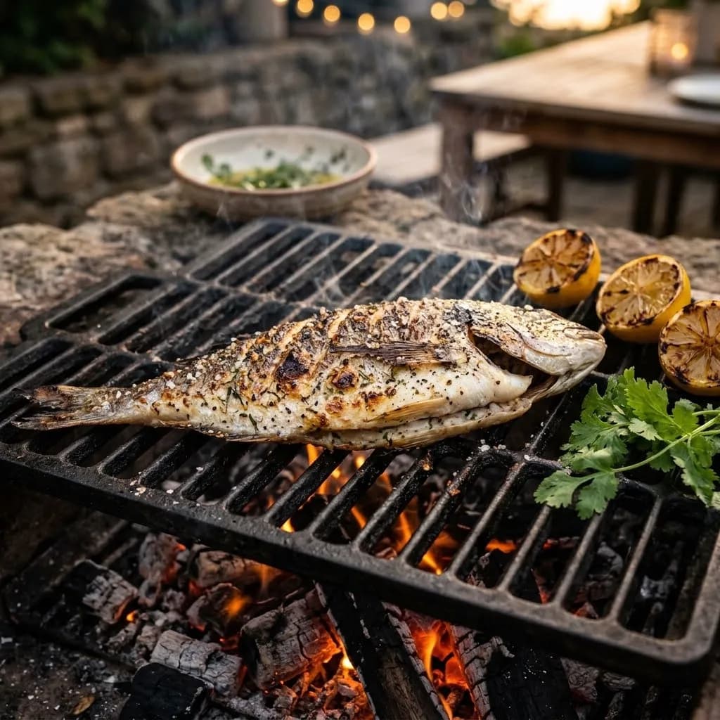 Peixe do dia aberto na grelha a carvão, com limão e coentros