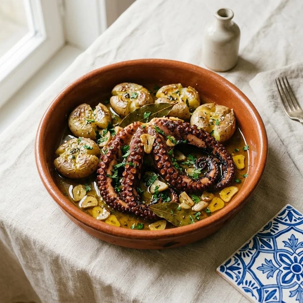 Polvo à lagareiro num prato de barro com batatas a murro e azeite com alho